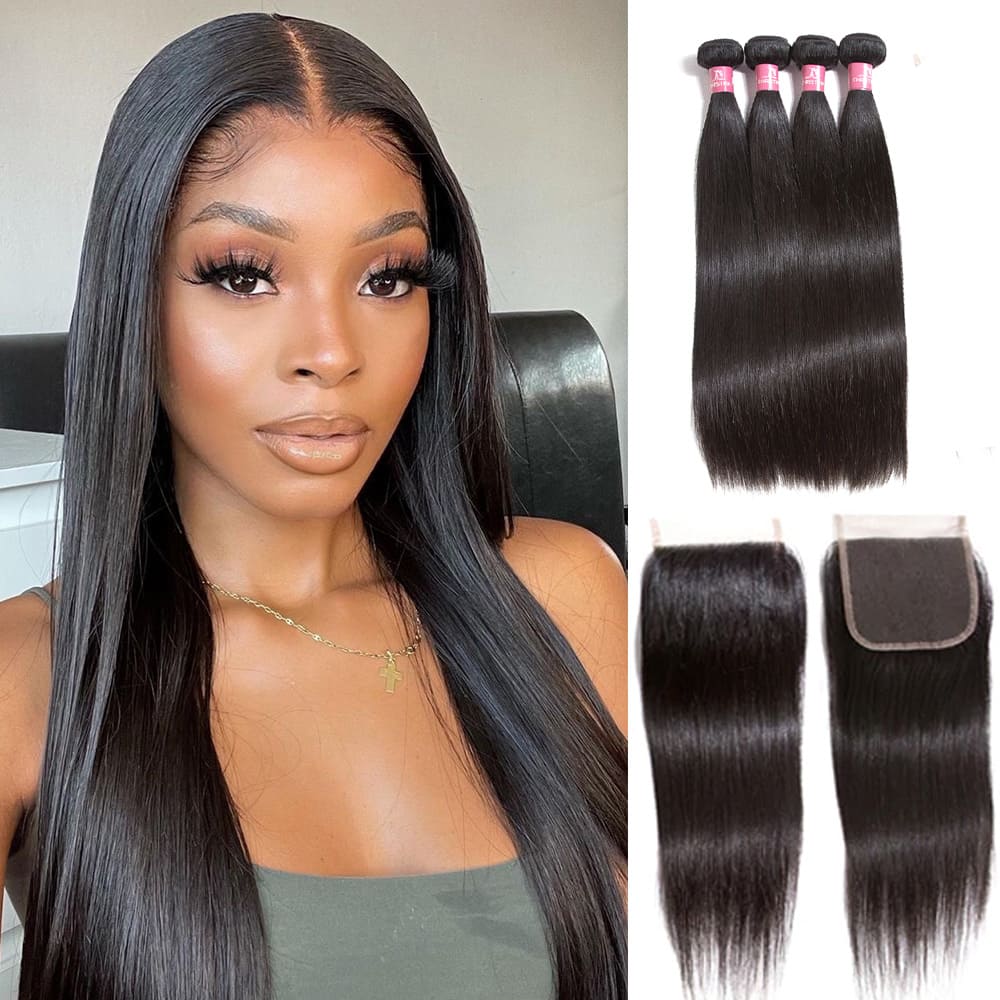 Amanda Malaysian Straight Hair 4 Bundles With 4*4 Lace Closure 10A Grade 100% Remy Human Hair