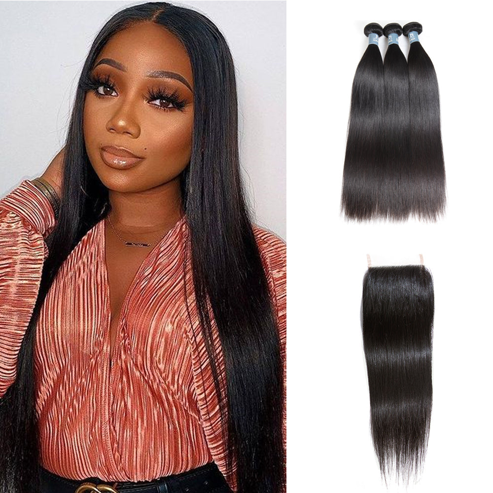 Amanda Hair Peruvian Straight Hair 3 Bundles With 4*4 Lace Closure 9A Grade 100% Unprocessed Human Hair No Tangles