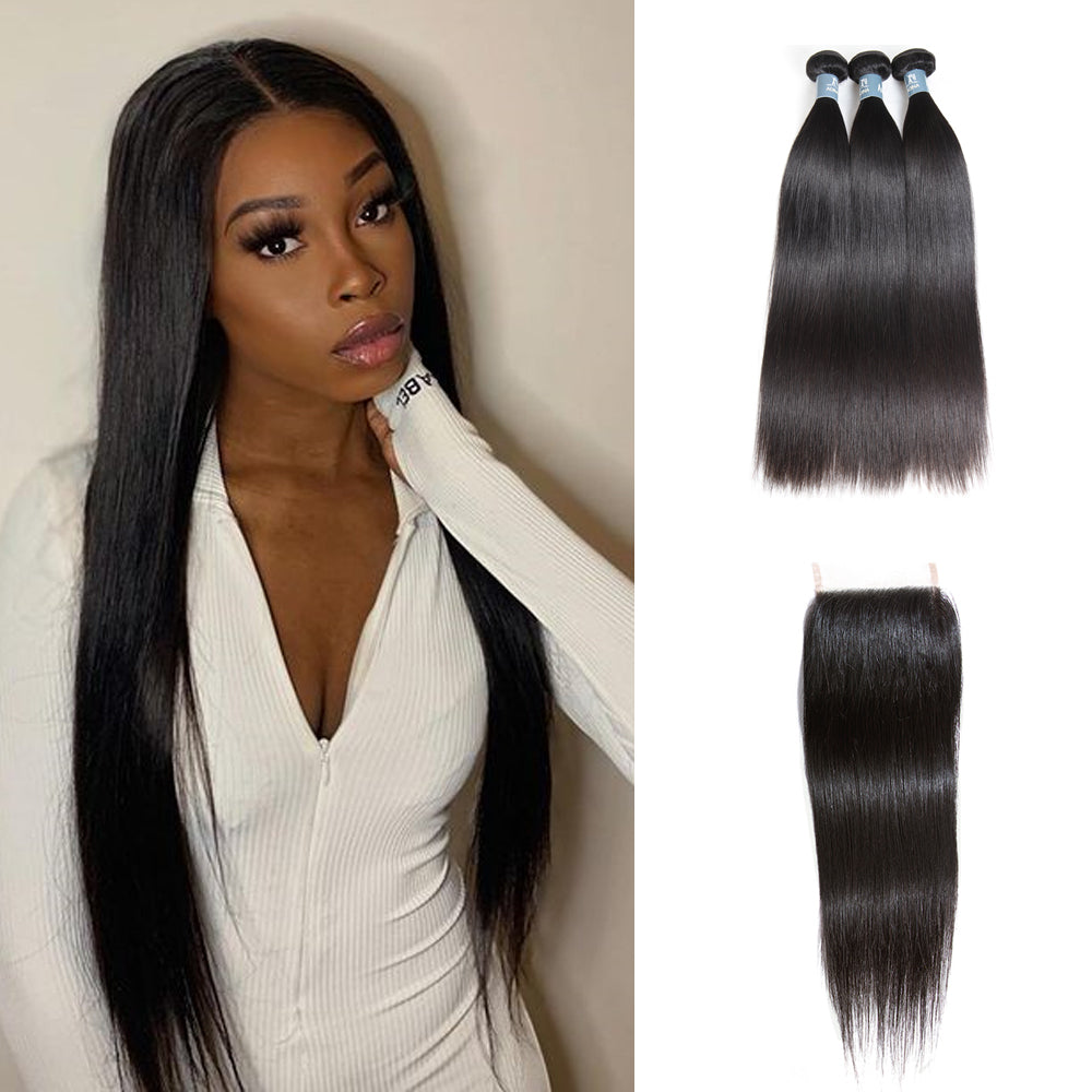 Amanda Hair Indian Straight Hair 3 Bundles With 4*4 Lace Closure 9A Grade 100% Unprocessed Human Hair No Tangles