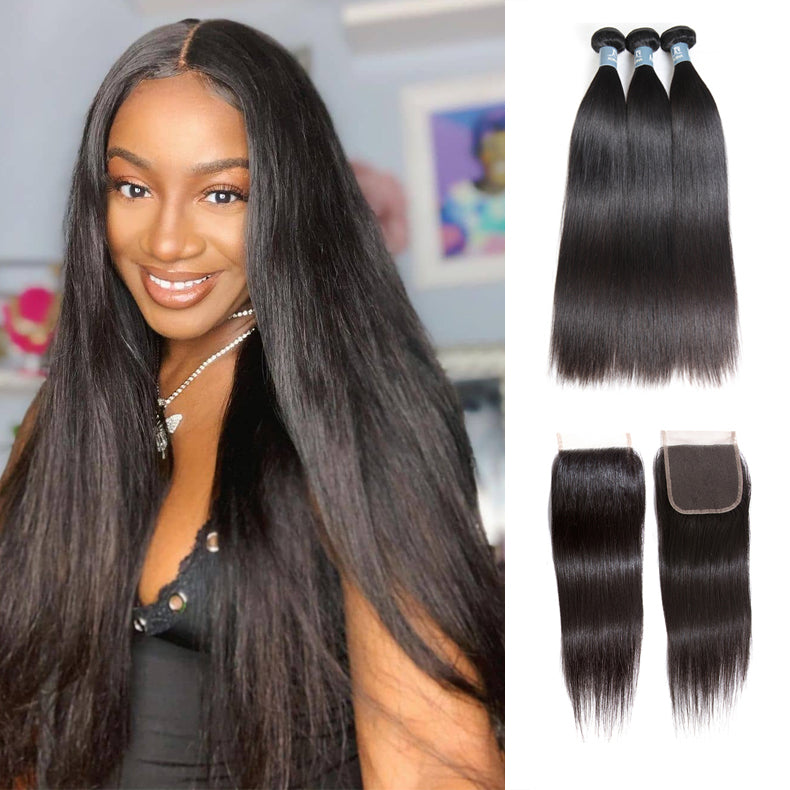 Amanda Malaysian Straight Hair 3 Bundles With 4*4 Lace Closure 9A Grade 100% Unprocessed Human Hair No Tangles