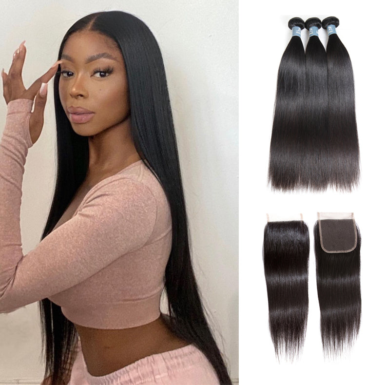 Amanda Mongolian Straight Hair 3 Bundles With 4*4 Lace Closure 9A Grade 100% Unprocessed Human Hair No Tangles