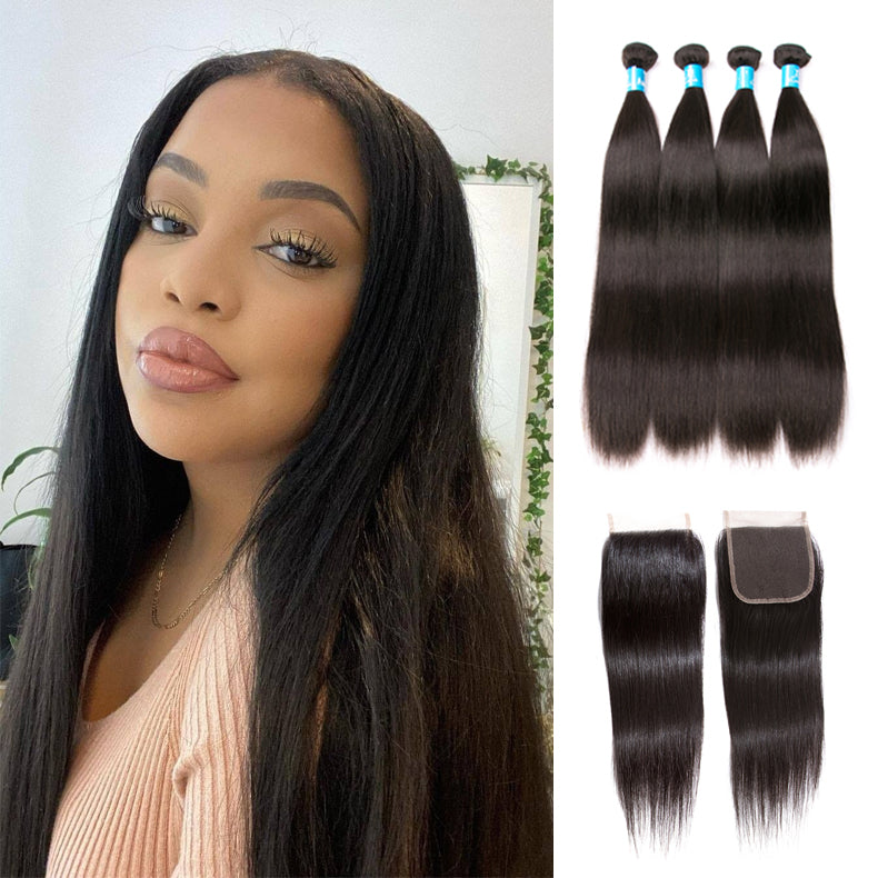 Amanda Indian Straight Hair 4 Bundles With 4*4 Lace Closure 9A Grade 100% Unprocessed Human Hair Hot Item