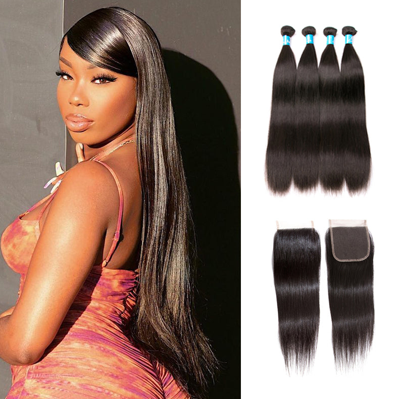 Amanda Malaysian Straight Hair 4 Bundles With 4*4 Lace Closure 9A Grade 100% Unprocessed Human Hair Hot Item