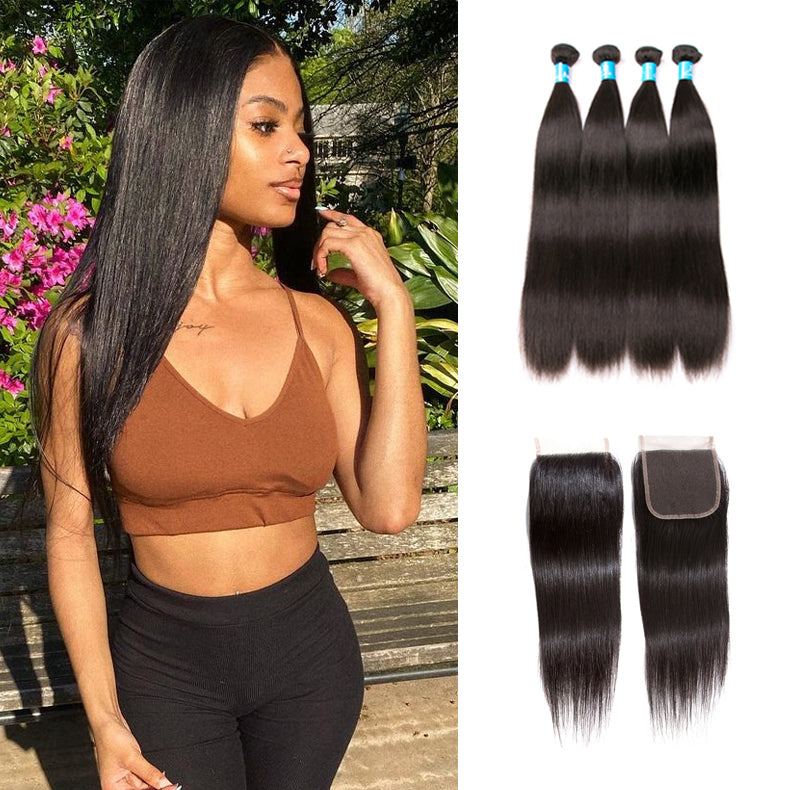 Amanda Mongolian Straight Hair 4 Bundles With 4*4 Lace Closure 9A Grade 100% Unprocessed Human Hair Hot Item