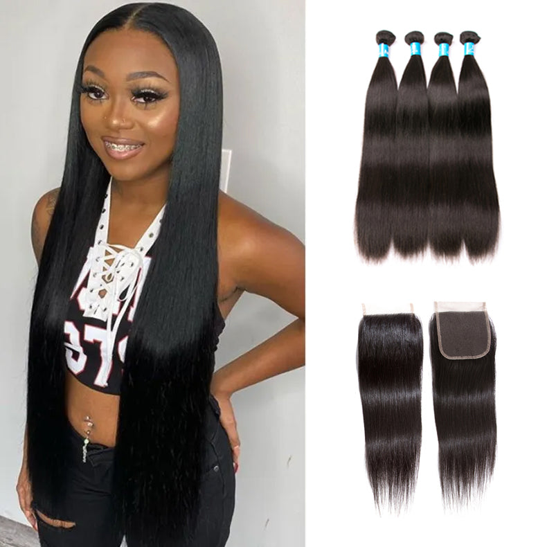Amanda Peruvian Straight Hair 4 Bundles With 4*4 Lace Closure 9A Grade 100% Unprocessed Human Hair Hot Item