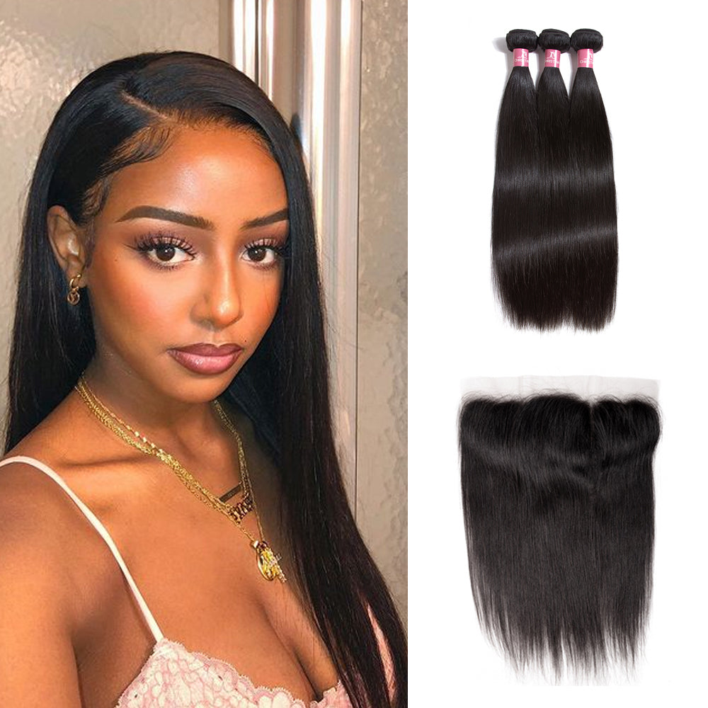 Straight Brazilian Hair 3 Bundles With 13*4 Lace Frontal 10A Grade 100% Remy Human Hair - Amanda Hair