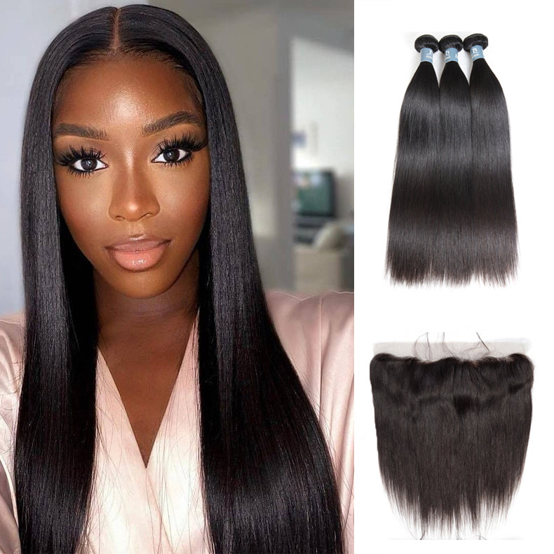Amanda Mongolian Straight Hair 3 Bundles With 13*4 Lace Frontal 9A Grade 100% Unprocessed Human Hair No Tangles