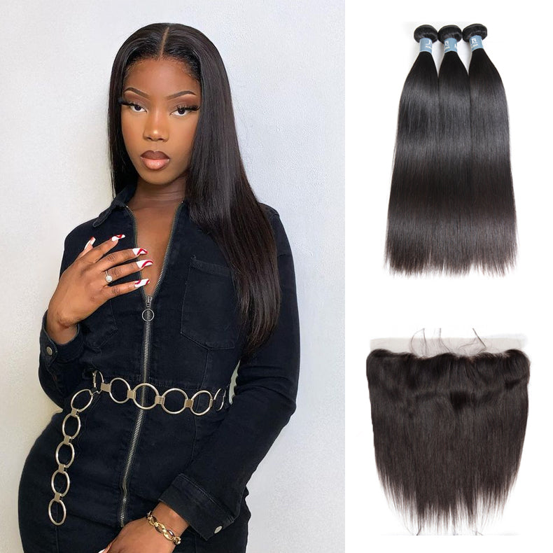 Amanda Peruvian Straight Hair 3 Bundles With 13*4 Lace Frontal 9A Grade 100% Unprocessed Human Hair No Tangles