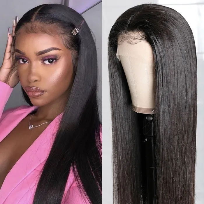 150% Density Straight Human Hair Lace Part Wigs Natural Hairline Middle Part Frontal Wig - Amanda Hair