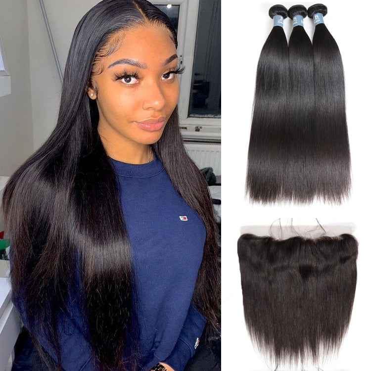 Brazilian Straight Hair 3 Bundles With 13*4 Lace Frontal 9A Grade 100% Unprocessed Human Hair No Tangles - Amanda Hair
