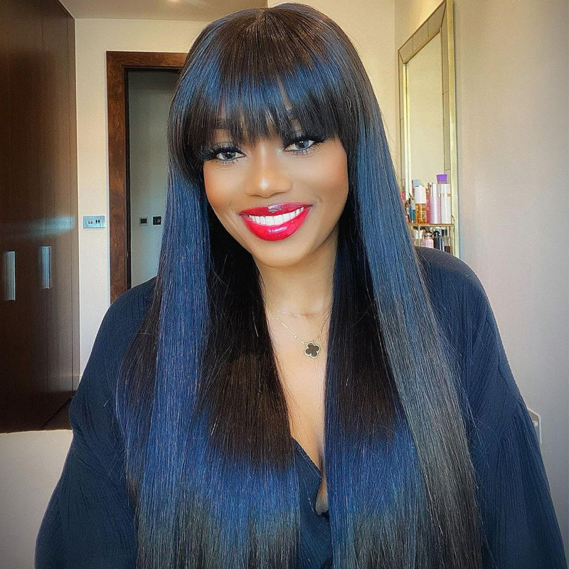 Flash Sale Buy 2 Get 1 Free Silk Straight Wigs With Bangs Machine Made Virgin Brazilian Hair Wig