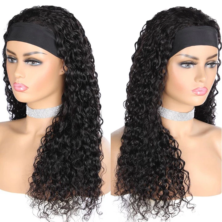 Amanda Water Wave Glueless Headband Human Virgin Hair Wigs With Pre-Attached Scalf