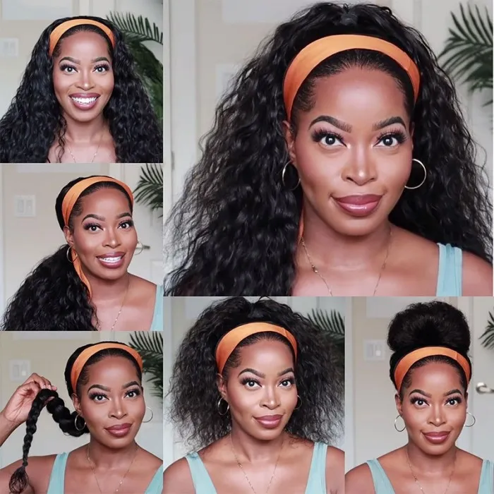 Amanda Water Wave Glueless Headband Human Virgin Hair Wigs With Pre-Attached Scalf